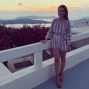 Striped, off the shoulder/bell sleeves romper